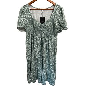 Kohl's Green and‎ White Short-Sleeved Knit Dress Smocked Ruched Top Women XL NWT